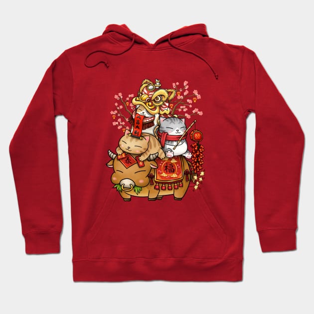 Chinese New Year Cats on Ox Hoodie by Takeda_Art